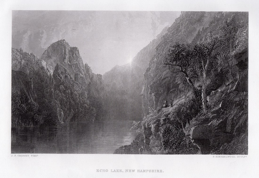 Jasper Francis Cropsey Echo Lake, New Hampshire engraving signed: Jasper Francis Cropsey. (American, 1823 - 1900). Echo Lake, New Hampshire. Antique Steel Engraving on wove paper after the original by a Master Engraver Robert Hinshelwood (1812-1875). 1876. Signed