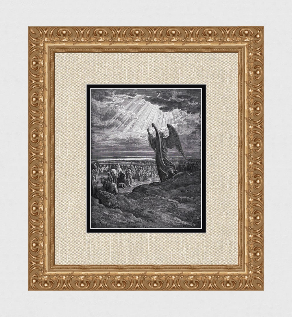 1800s Gustave DORE SIGNED Biblical Woodcut The Angel Appearing to Joshua Framed: Gustave Dore (Paul Gustave Louis Christophe Dore) (French, 1832-1883). The Angel Appearing to Joshua (from Dore's Bible). Antique woodcut wove paper after the original by a master wood engraver