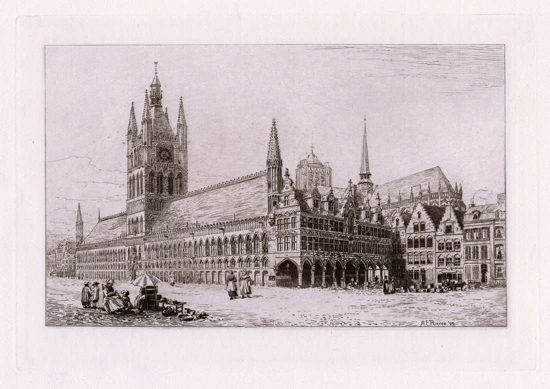 Arthur Ernest Pearce Hotel de Ville at Ypres 1884 Etching Signed: Arthur Ernest Pearce. Hotel de Ville at Ypres. Antique hand pulled copper plate etching on laid paper. 1884. Signed in the plate, lower right. Image Size 6 3/4 x 10 inches. Framed dimensions: