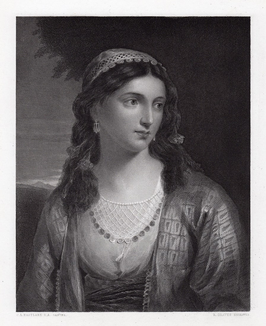 1850 Sir Charles Lock Eastlake A Greek Girl engraving signed: Sir Charles Lock Eastlake. (English, 17 1793 - 1865). A Greek Girl. Antique engraving on wove paper after the original oil on canvas by master engraver Robert Graves (English, 1798-1873). 1850. Signed