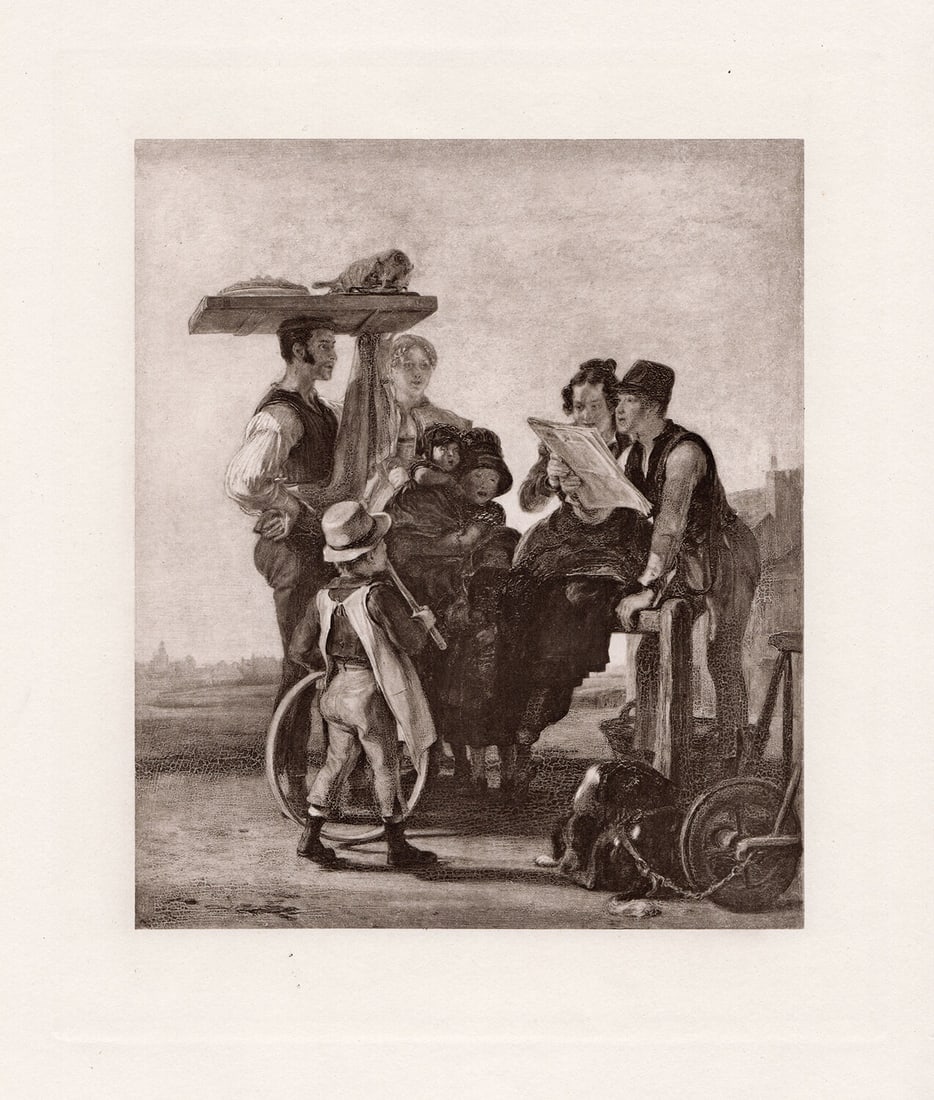 Sir David Wilkie Reading the News 1889 print: Sir David Wilkie. (Scottish, 1785-1841). Reading the News. Antique Heliogravure on wove paper after the original oil on mahogany by a Master Engraver. 1889. Excellent. Image size 7 3/4 x 9 1/4