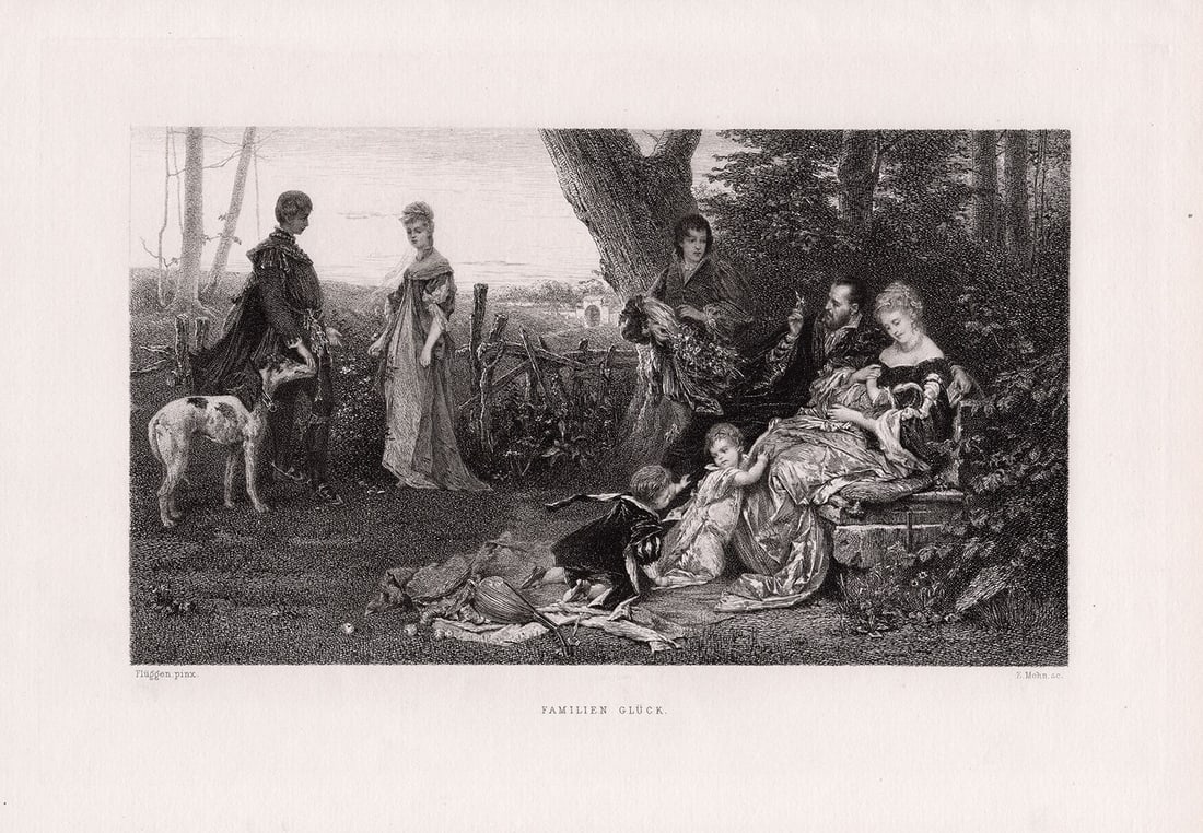 Josef Fluggen 1878 engraving Familien Gluck signed: Josef Fluggen. (also know as Joseph Eduard Fluggen) (German, 1842-1906). Familien Gluck. Antique Engraving on laid paper after the original by Master Engraver E Mohn. 1878. Signed in the Plate.