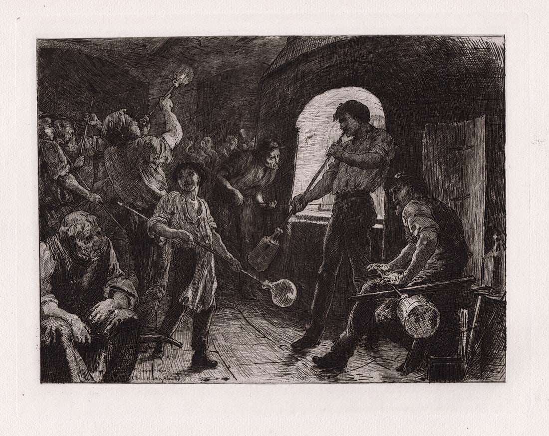 George Percy Jacomb-Hood Glass Blowing 1881 Etching Signed: George Percy Jacomb-Hood. Glass Blowing. Antique etching on thick laid paper. 1881. Signed in the plate lower left. Image Size 6 1/2 x 8 5/8 inches. Framed dimensions: Approximately 16 x 18 inches. Th