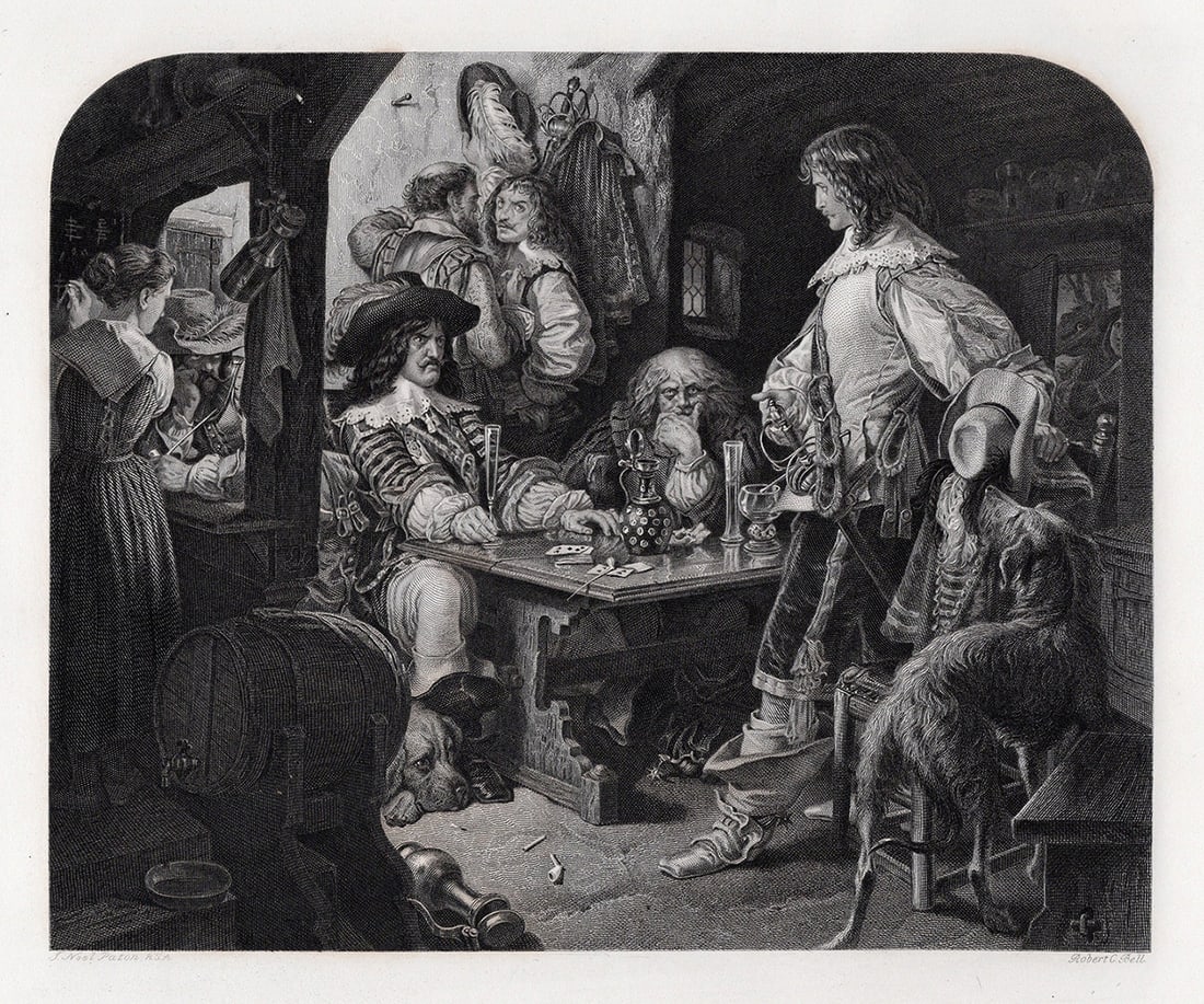 JOSEPH NOEL PATON 1800s Engraving Late Evening Drinking Wine FRAMED Signed: Sir Joseph Noel Paton (Scottish, 1821 – 1901). The Dowie Dens o Yarrow (Stanza 1st). Antique engraving on wove paper after the original by master engraver Robert Charles Bell (British, 1806-1872).