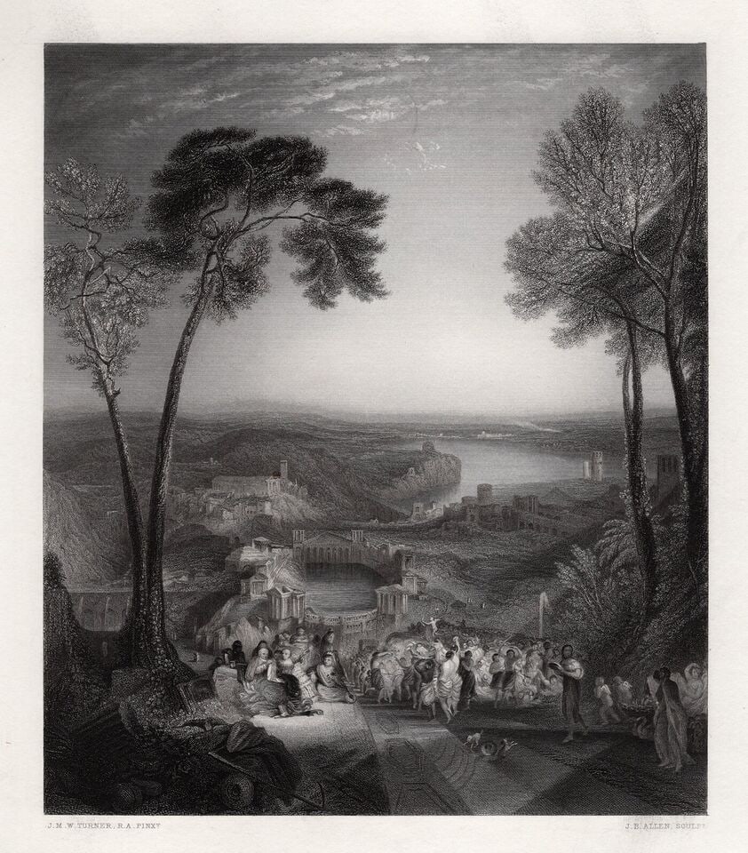 FRAMED 1800s William Turner Engraving The Festival of Poseidon SIGNED: Joseph Mallord William Turner (English, 1775-1851). Phryne going to the bath as Venus. Antique engraving on wove paper after the original by master engraver James Baylis Allen (British, 1803-1876).