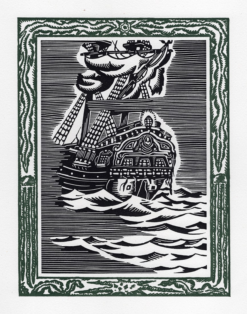 FRAMED Patrick de Manceau 1946 Woodcut THE SAN DOMINICK SAILING Signed: Patrick de Manceau (1901-1980). The San Dominick off the coast of Chile (from Benito Cereno). Vintage woodcut on Velin BFK Rives paper. Year: 1946. Numbered limited edition. This is one of 350