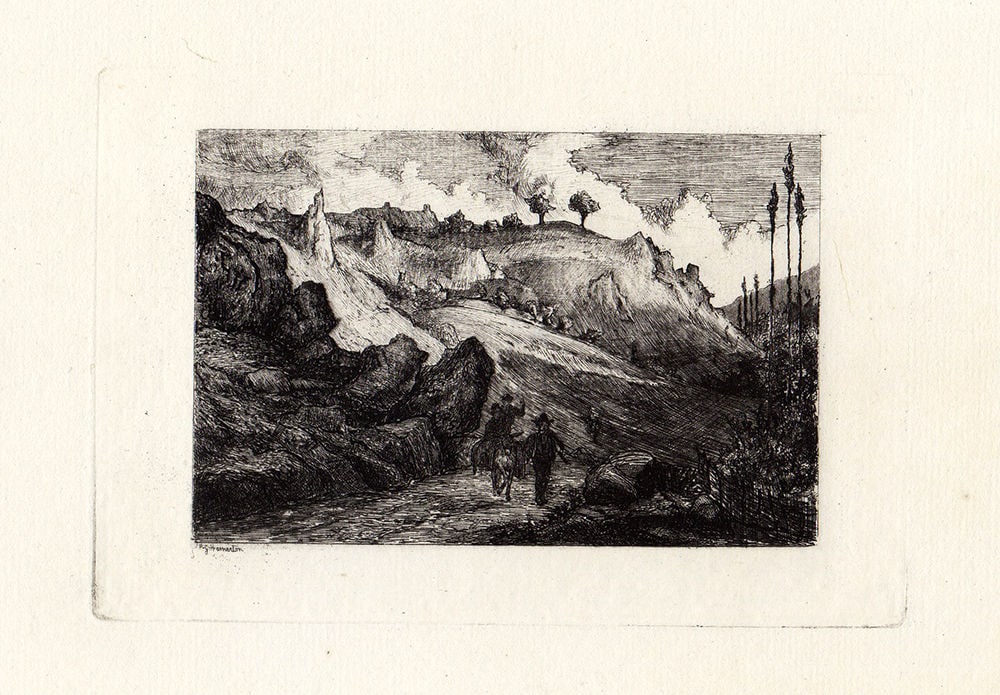 1873 Philip Gilbert Hamerton A Rocky Road etching signed: Philip Gilbert Hamerton. (English, 1834-1894). "A Rocky Road". Copper plate etching on thick laid paper. 1873. Signed in the plate lower left. Image size 5 7/8 x 7 7/8 inches. Framed dimensions c. 14