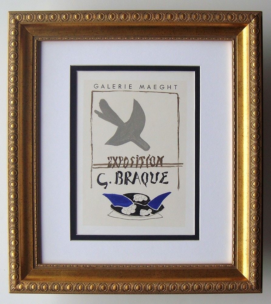 Georges Braque Exposition lithograph signed: Georges Braque. "G. Braque Exposition". Color lithograph after the original poster. 1959. Signed in the plate. Excellent. Mourlot. Image c. size 6 3/4 x 9 1/2 inches. Framed dimensions c. 16 x 19 inch