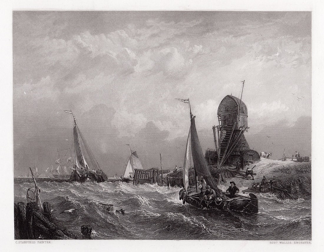 1845 Clarkson Frederick Stanfield Oude Scheld - Texel Island, Looking towards Nieuwe Diep and the: Clarkson Frederick Stanfield. (English, 1793-1867). Oude Scheld - Texel Island, Looking towards Nieuwe Diep and the Zuider Zee (The Scheldt Texel Island). Antique engraving on wove paper after the ori