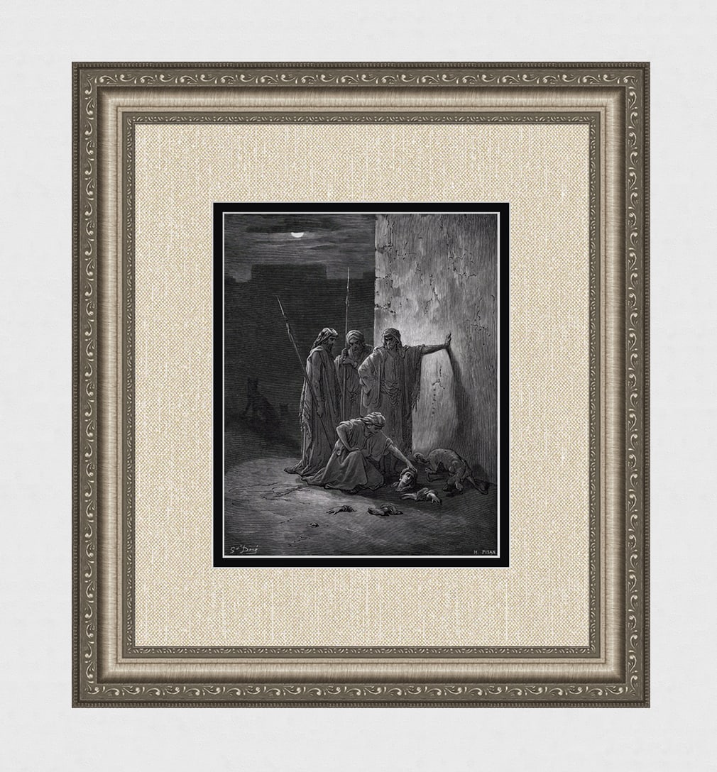 SIGNED 1800s GUSTAVE DORE Biblical Woodcut Jehu's Companions Find Jezebel FRAMED: Gustave Dore (Paul Gustave Louis Christophe Dore) (French, 1832-1883). Jehu's Companions Finding the Remains of Jezebel (from Dore's Bible). Antique woodcut wove paper after the original by a master w