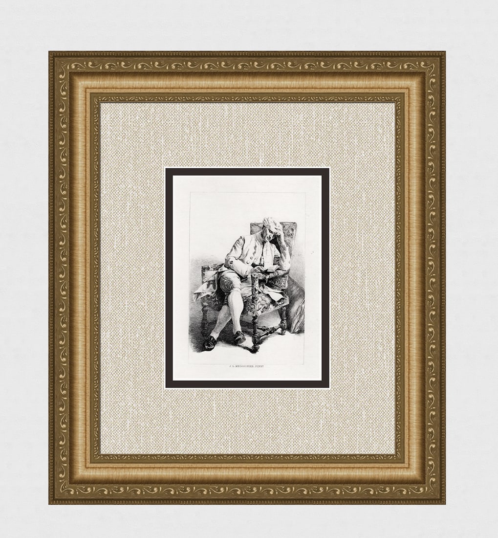 Jean Louis Ernest MEISSONIER 1800s Engraving THE READER Signed Framed: Jean Louis Ernest Meissonier (French, 1815-1891). The Student. Antique engraving on wove paper after the original by master engraver. Year: 1877. Signed in the Plate. Image size 4 3/8 x 6 1/2 inches.