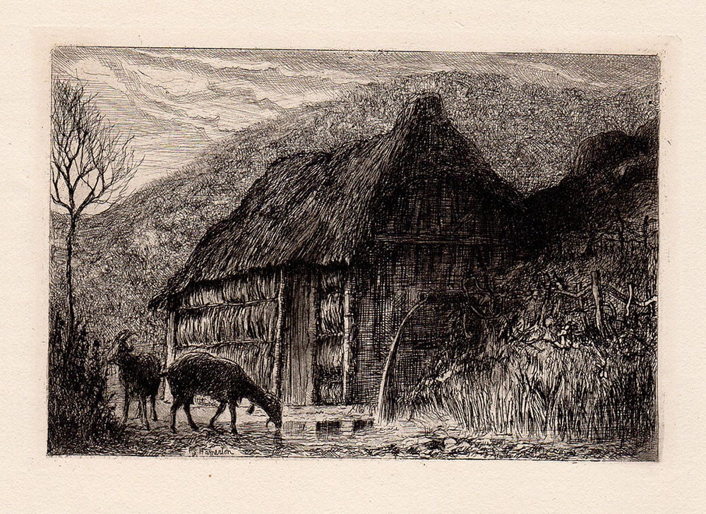 Philip Gilbert Hamerton Goats and a Thatched Roof Cottage etching signed: Philip Gilbert Hamerton. (English, 1834-1894). Goats and a Thatched Roof Cottage. Original Copper Plate Etching on Thick Laid Paper. 1873. Signed in the Plate, Lower Left. Excellent. Image Size 3 3/4