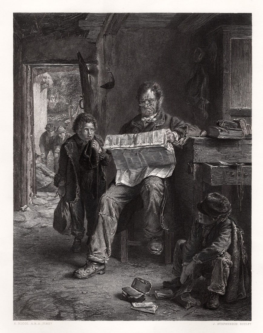1800s Erskine Nicol Antique Engraving PATIENTLY WAITING Signed Framed: Erskine Nicol (British, Irish, 1825-1904). Kept In. Antique engraving after the orginal master engraver James Stephenson (British, 1808-1886). Year: 1871. Image Size 7 1/2 x 9 5/8 inches. Framed dimen