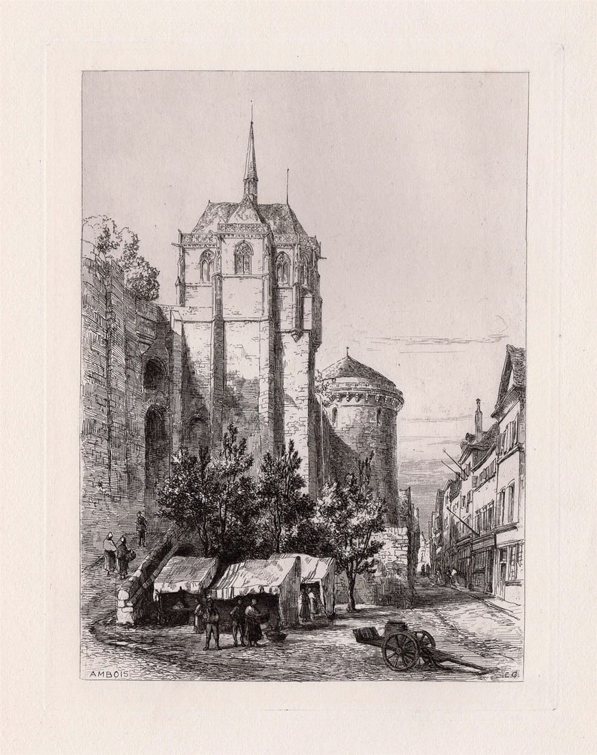 1875 Sir Ernest George Amboise etching signed: Sir Ernest George. (English, 1839-1922). Amboise. Original Hand Pulled Copper Plate Etching on Laid Paper. 1875. Signed in the Plate, Lower Right. Excellent. Image Size 6 7/8 x 9 inches. Approximately