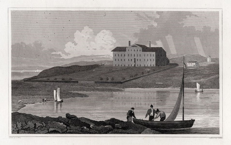 FRAMED 1834 William Guy Wall Engraving Newport, Rhode Island SIGNED: William Guy Wall (Aemerica, Irish born, 1792-1864). Asylum, Newport, R.I. Antique engraving on wove paper after the original by master engraver J Archer (1867- active). Signed in the plate. Year: 1834