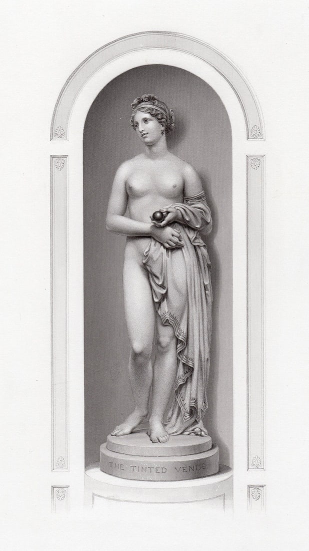 John Gibson Venus 1865 engraving: John Gibson. (Welsh, 1790 - 1866). Venus. Antique engraving on wove paper after the original sculptor by master engraver William Callio Roffe (British, 1817 - c. 1894). 1865. Excellent. Image Size 4 x