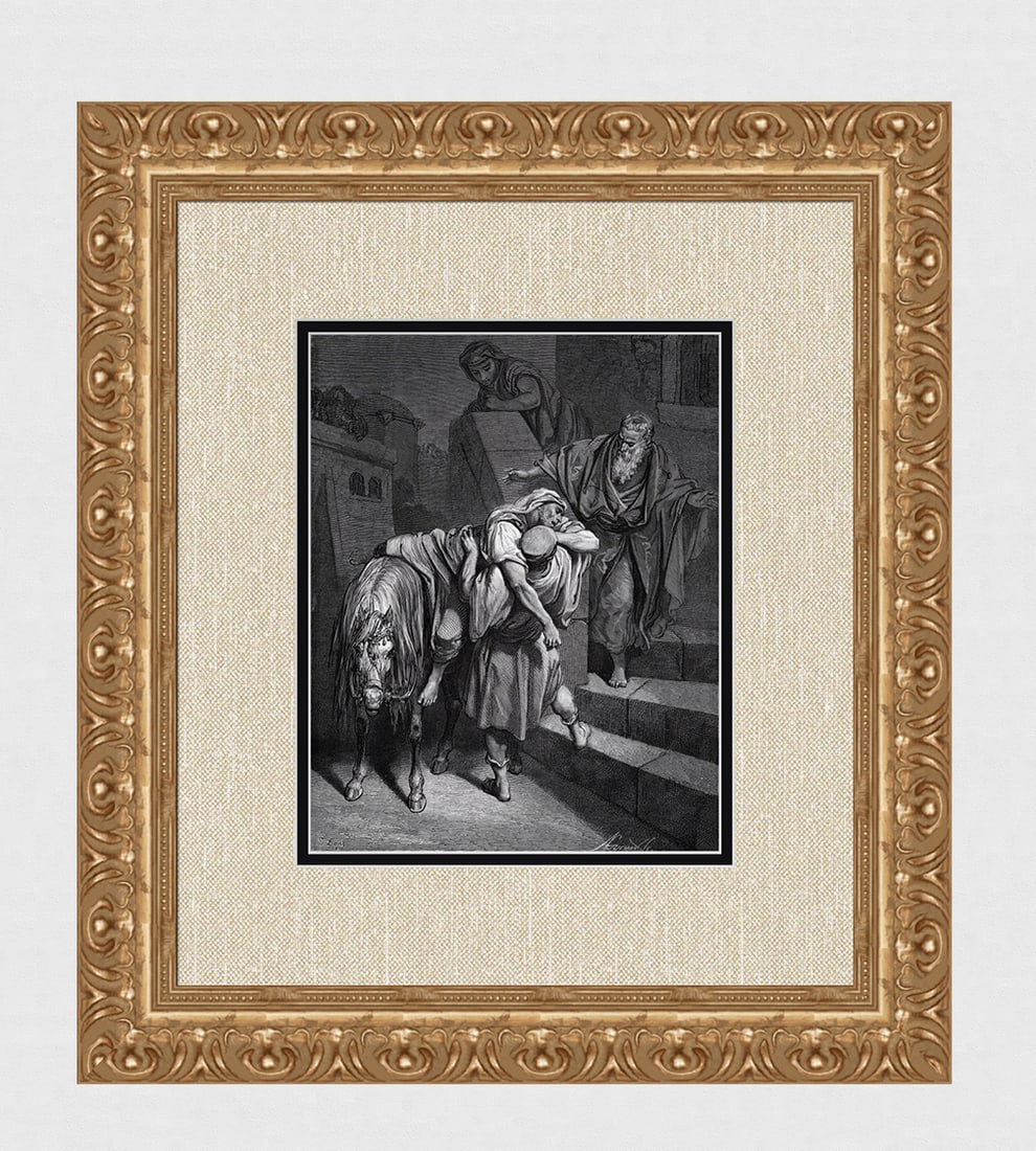 GUSTAVE DORE 1800s Biblical Woodcut THE GOOD SAMARITAN Signed Framed: Gustave Dore (Paul Gustave Louis Christophe Dore) (French, 1832-1883). Arrival of the Good Samaritan at the Inn (from Dore's Bible). Antique woodcut wove paper after the original by a master wood engr