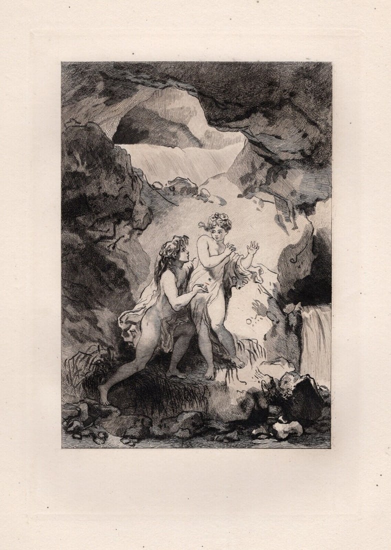 LIMITED 1800s Jean-Honore FRAGONARD Etching The River God Framed: Jean-Honore Fragonard (French, 1732 - 1806). Jean-Honore Fragonard 46 (from Conte de La Fontaine). Antique etching on laid paper after the original by master engraver Adolphe Martial Potemont (French,