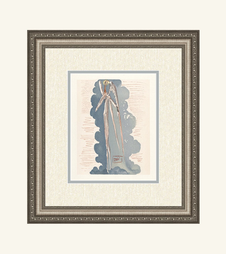 Salvador Dali 1960 Authentic Woodcut Angel Signed Framed: Salvador Dali. "The Angel of the Seventh Sphere" Paradise Chant 22. Authentic Original Color Woodcut from The Divine Comedy Printed in 1960 on B.F.K. Rives Paper ( this is not a reproduction, copy, or