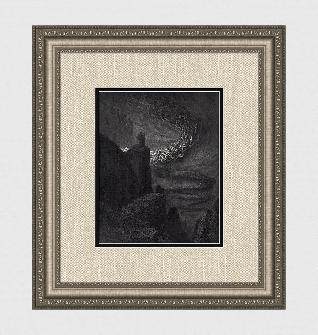 Gustave Dore Storm of Souls (Dante's Divine Comedy Enferno) c. 1880 Woodcut: Gustave Dore (Paul Gustave Louis Christophe Dore) (French, 1832-1883). The Storm of Sous. (Dante's Divine Comedy Enferno). Antique woodcut wove paper after the original by master wood engraver L. Dumo