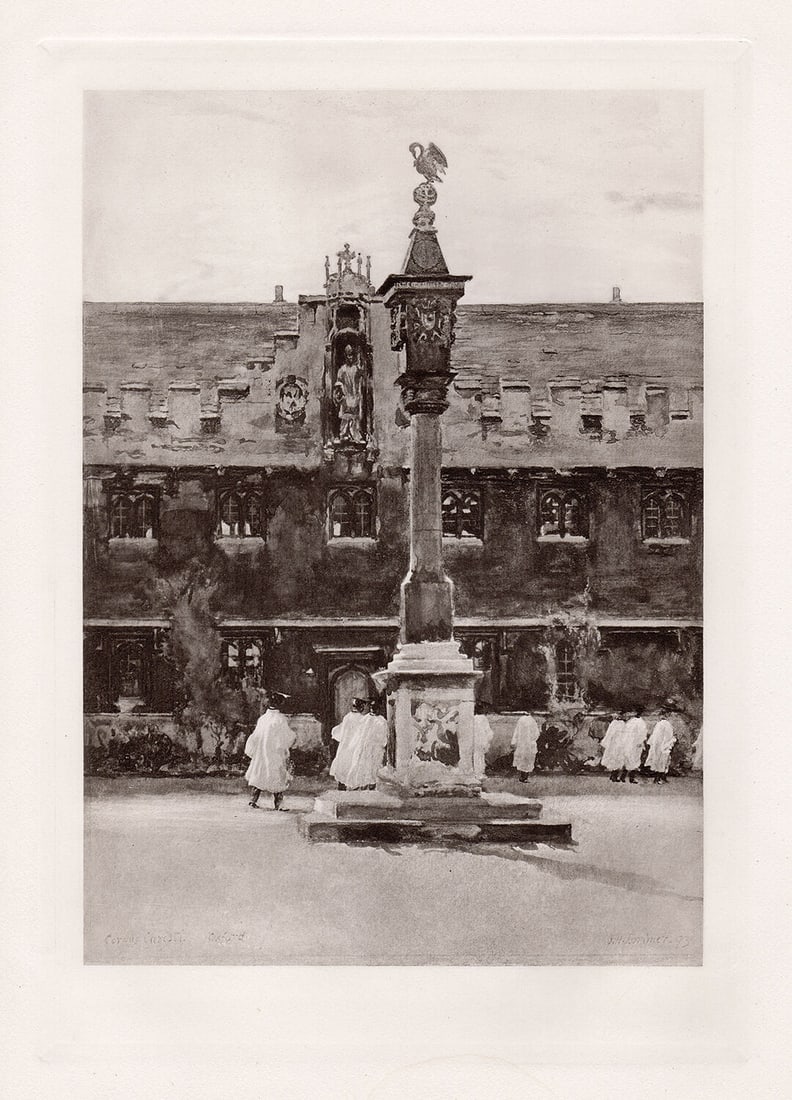 John Henry Lorimer Corpus Christi College, Oxford 1893 print: John Henry Lorimer. (Scottish, 1856-1936). Corpus Christi College, Oxford. Antique Heliogravure on thick wove paper after the original. 1893. Signed in the plate lower left. Excellent. Image size 8 1/