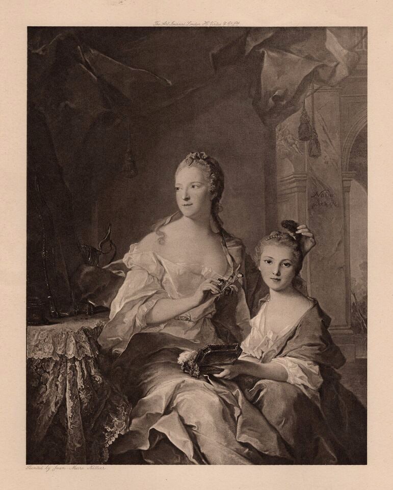 Jean-Marc NATTIER SIGNED Antique Print Madame Marsollier & Daughter FRAMED: Jean-Marc Nattier (French, 1685 - 1766). The Countess of Neubourg and her Daughter. Antique heliogravure on wove paper after the original painting by a Master Engraver. Year: 1902. Signed in the plate