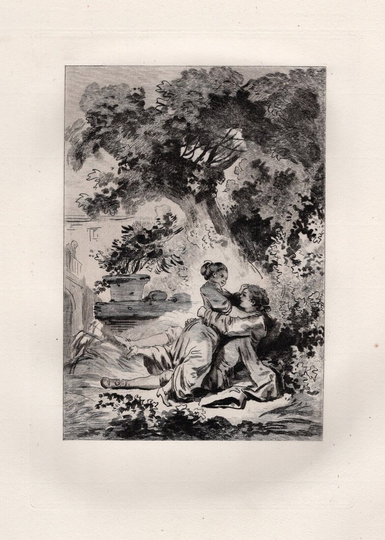 Jean-Honore FRAGONARD 1800s LIMITED Etching Passion in the Garden Framed: Jean-Honore Fragonard (French, 1732 - 1806). The Justified Handmaid (La Servante Justifiee) (from Conte de La Fontaine). Antique etching on laid paper after the original by master engraver Adolphe Mar