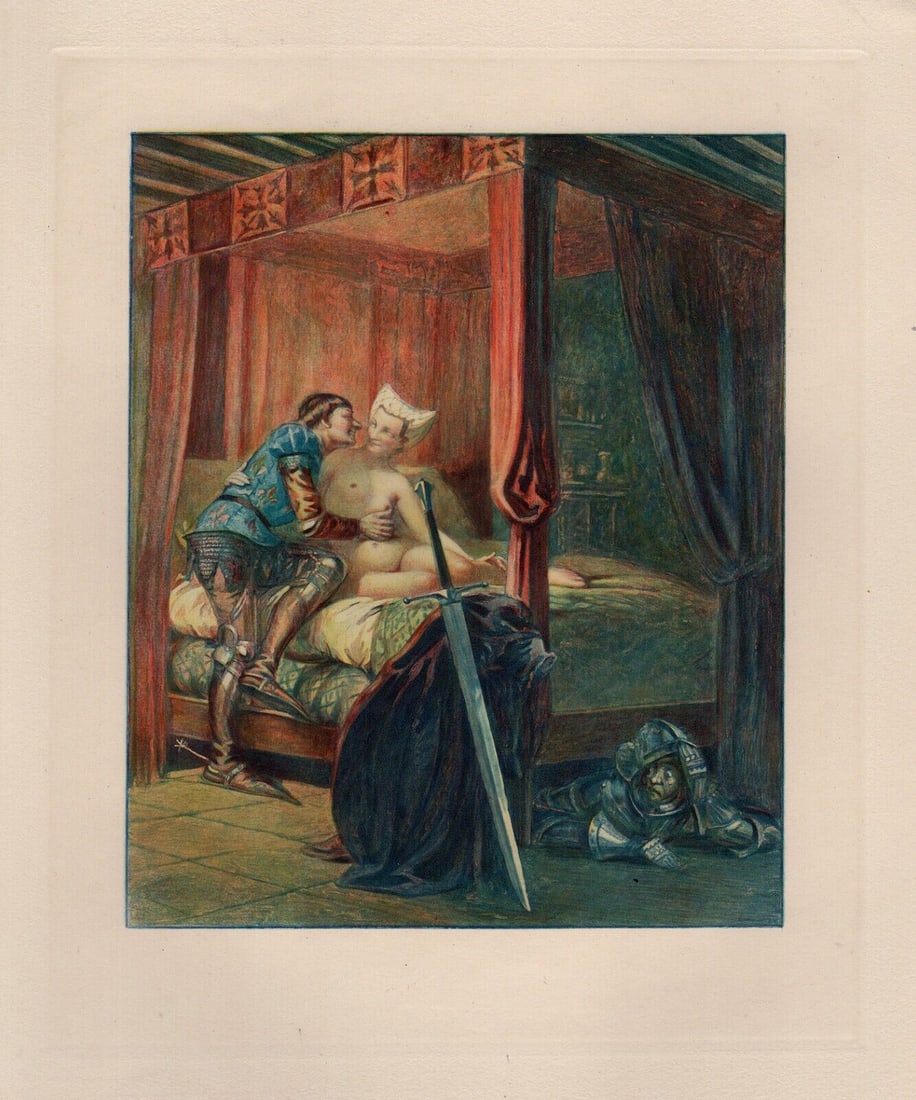 Edmond MALASSIS Risque Engraving The Knights Fantasy Limited FRAMED: Edmond Malassis (French, 1874 - 1944). The Knight's Desires (Les désirs du Chevalier II) (Cent Nouvelles Nouvelles). Vintage color engraving on Velin paper after the original by master engraver R.
