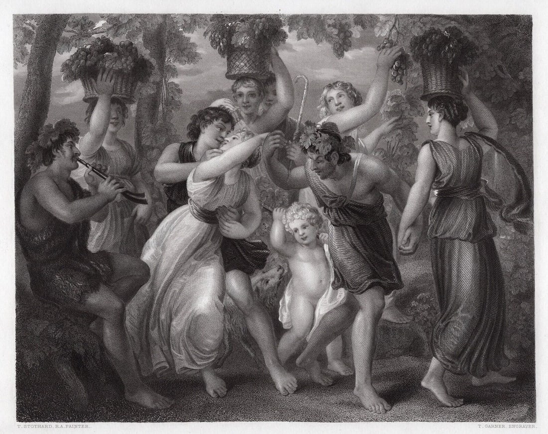 1800s SIGNED THOMAS STOTHARD 1800s Engraving The Faun"s Music FRAMED: Thomas Stothard (English, 1755 - 1834). The Vintage. Antique engraving on wove paper after the original by master engraver Thomas Garner (British, 1789 -1868). Year: 1854. Signed in the plate. Image s