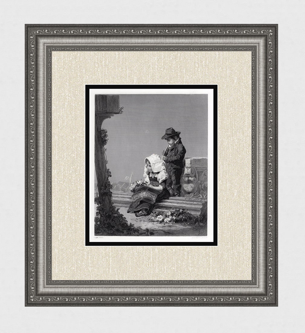 Nicolas Edouard Gabe 1800s Engraving "The Children's Offering" SIGNED FRAMED: Nicolas Edouard Gabe (French, 1814-1865). The Children's Offering. Antique engraving on wove paper after the original by master engraver Samuel S Smith (British, 1810-1879). Signed in the plate. Year: