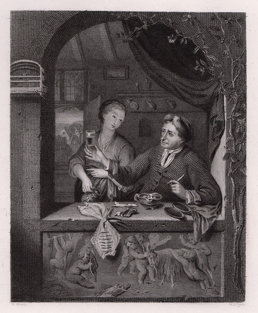 Frans van Mieris A Dutch Ale House 1834 engraving: Frans van Mieris, the Elder (Dutch, 1635-1681). A Dutch Ale House. Antique steel engraving on wove paper after the original by W. J. Pyne. 1834. Signed in the plate. Excellent. Image Size 4 3/4 x 6