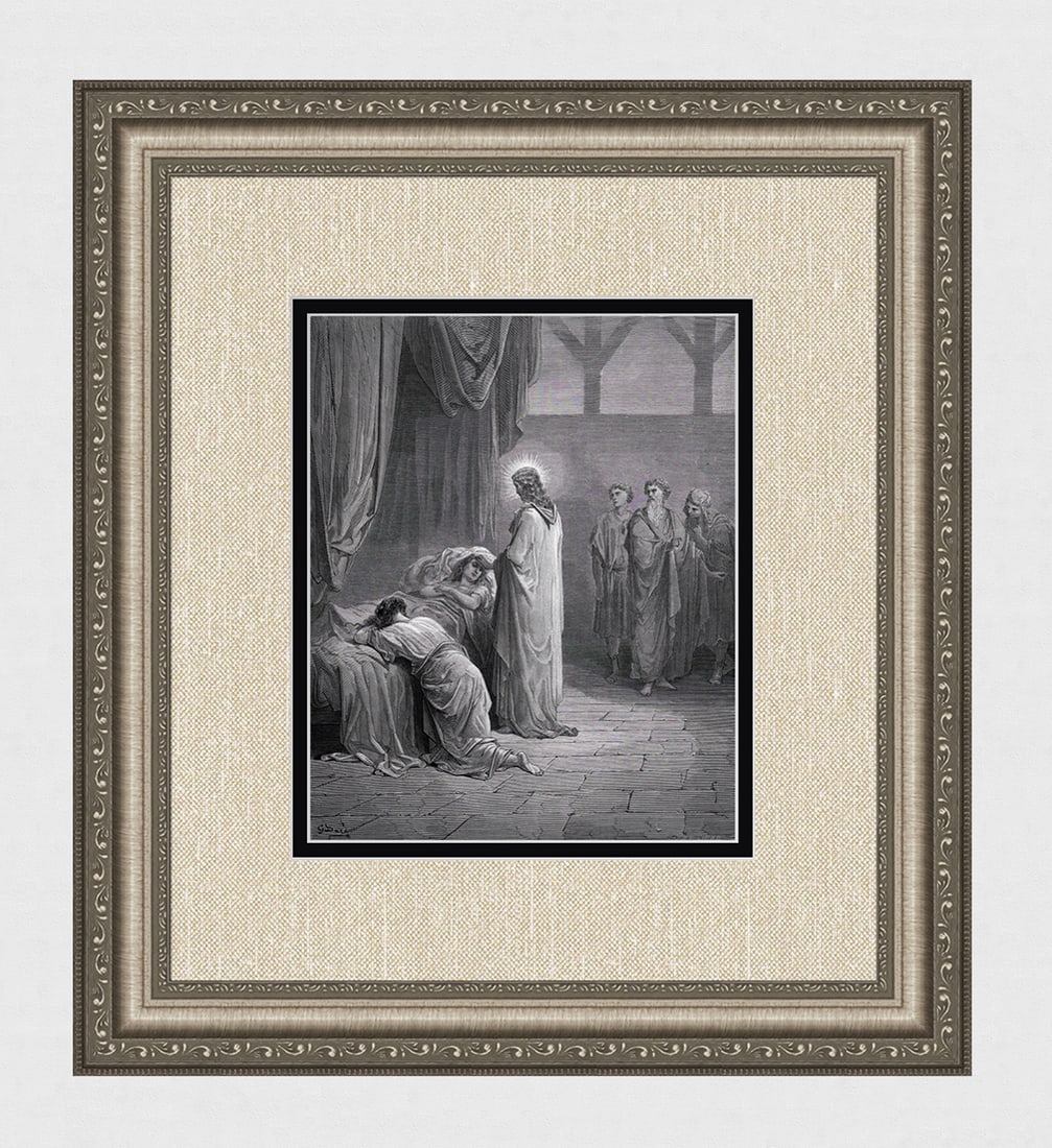Biblical 1800s GUSTAVE DORE Woodcut Jesus Heals Jairus’s Daughter Framed Signed: Gustave Dore (Paul Gustave Louis Christophe Dore) (French, 1832-1883). Jesus Raising Up the Daughter of Jairus (From Dore's Bible). Antique woodcut wove paper after the original by a master wood engra