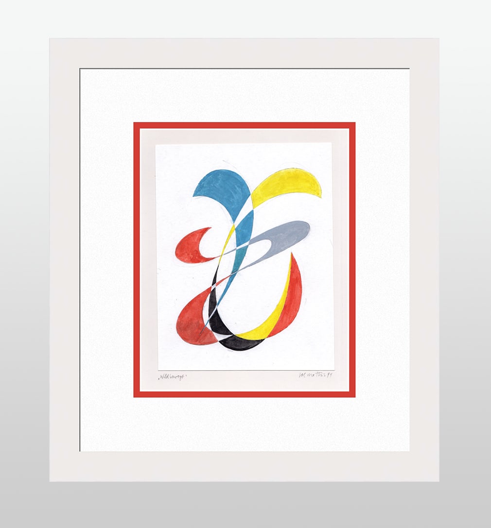 Mathis Original Gouache Wild Movements Framed Swiss: Josef Johann Mathis (Joe Mathis, 1913 - 2002; Swiss). Wild Movements (Wildbewegt). Original Mixed Media Gouache on paper. Year: 1994. Hand signed and dated in pencil, lower right. Titled in pencil, lo