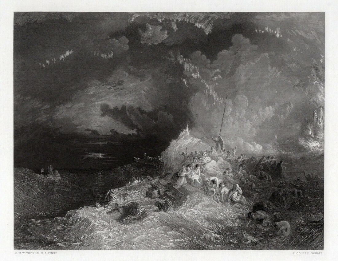 1800s JMW TURNER Engraving A Fire At Sea SIGNED Framed COA: Joseph Mallord William Turner (English, 1775-1851). A Fire At Sea. Antique engraving on wove paper after the original by master engraver John Cousen (British, 1804 - 1880). Year: 1861. Signed in the p