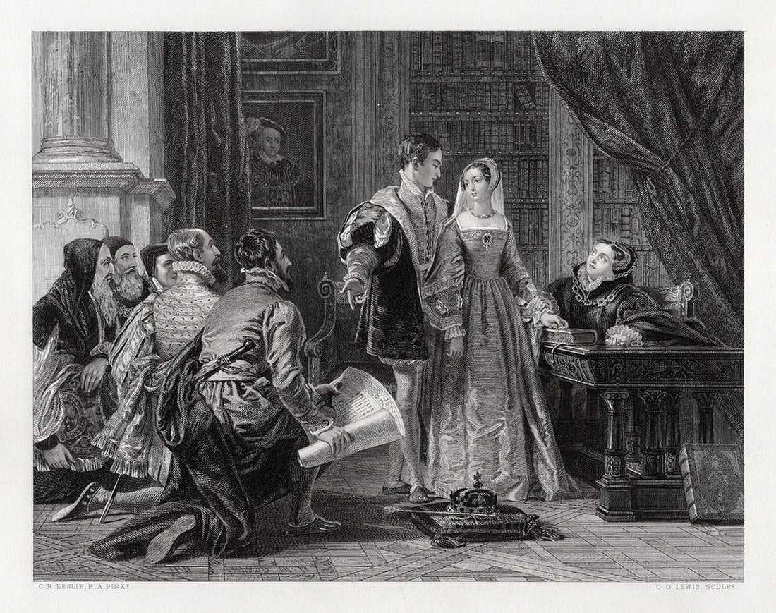 1800s Charles Robert Leslie Engraving Lord Dudley & Lady Jane SIGNED Framed COA: Charles Robert Leslie (English, 1794 - 1859). The Offer of the Crown to Lady Jane Grey. Antique engraving on wove paper after the original by master engraver Charles George Lewis (British, 1808-1880).