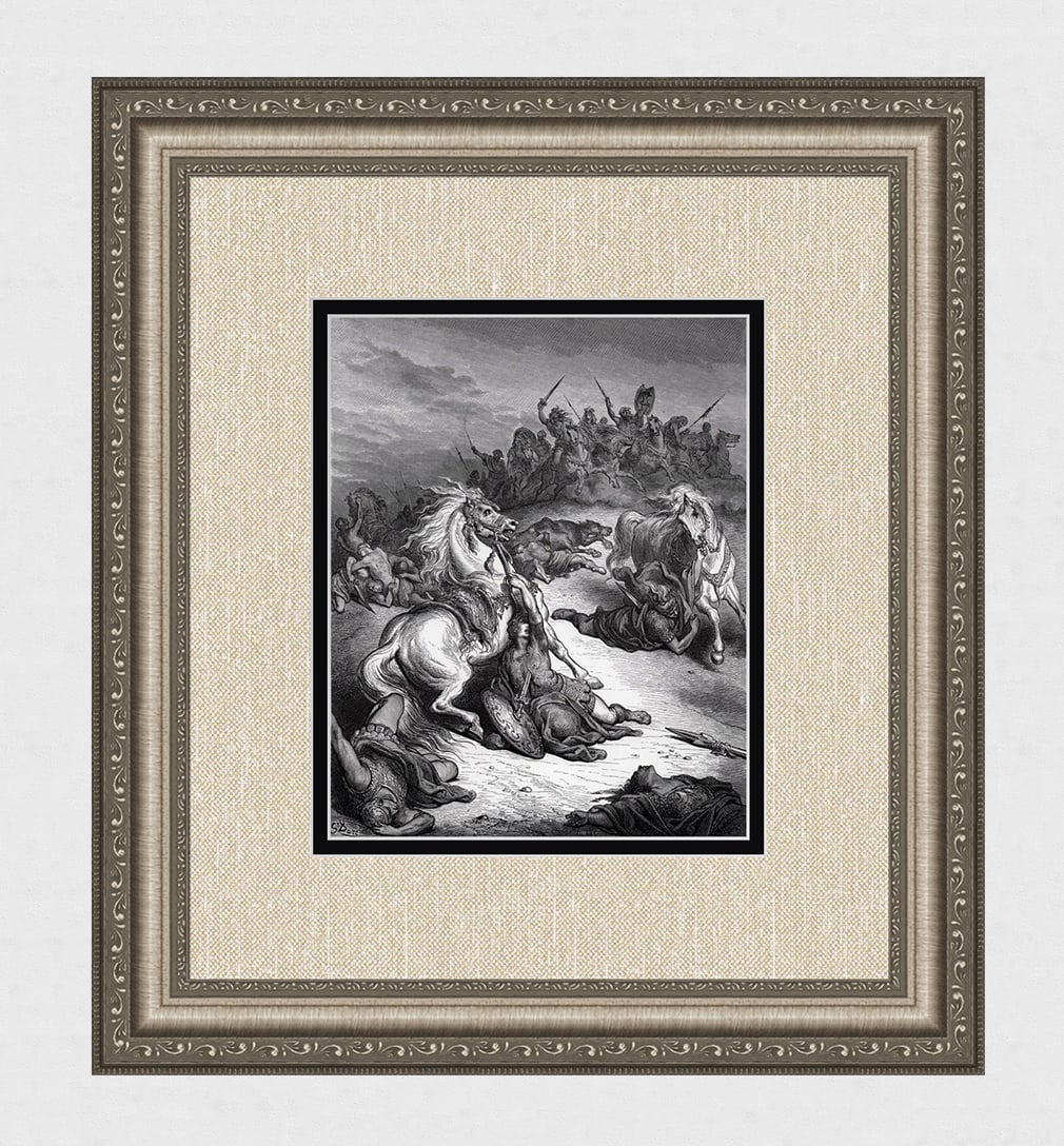 GUSTAVE DORE 180Os Religious Woodcut THE DEATH OF SAUL Framed Signed: Gustave Dore (Paul Gustave Louis Christophe Dore) (French, 1832-1883). The Death of Saul (from Dore's Bible). Antique woodcut wove paper after the original by a master wood engraver Alexandre Hurel (F