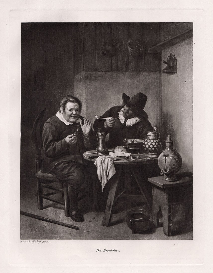 Hendrik Martenszoon Sorgh 1893 print The Breakfast signed: Hendrik Martenszoon Sorgh. (Dutch, ca.1610-1670). The Breakfast. Antique Heliogravure on wove paper after the original oil on board by a Master Engraver. 1893. Signed in the late, lower left. Image Si