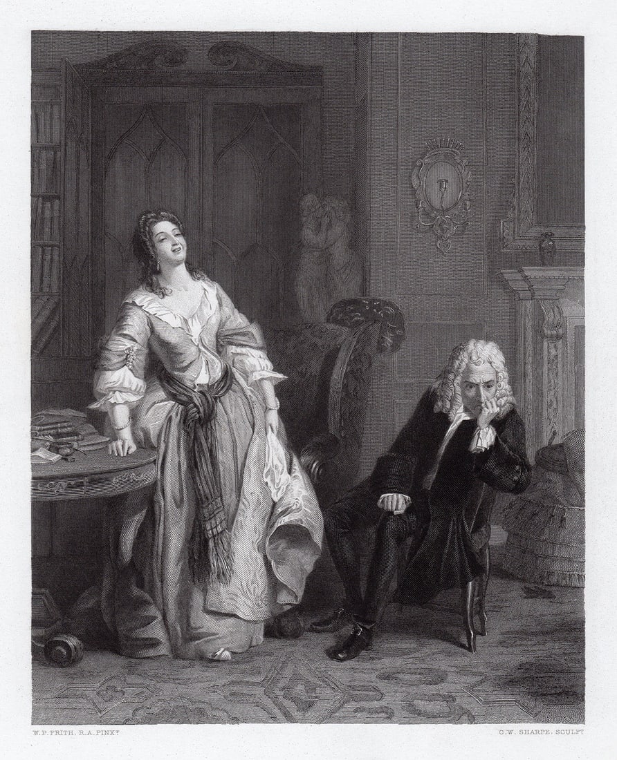 William Powell Frith 1867 engraving The Rejected Poet signed: William Powell Frith. (English, 1819 - 1909). The Rejected Poet. Antique engraving on wove paper after the original oil on canvas by master engraver Charles William Sharpe (British, 1818-1899). 1867.