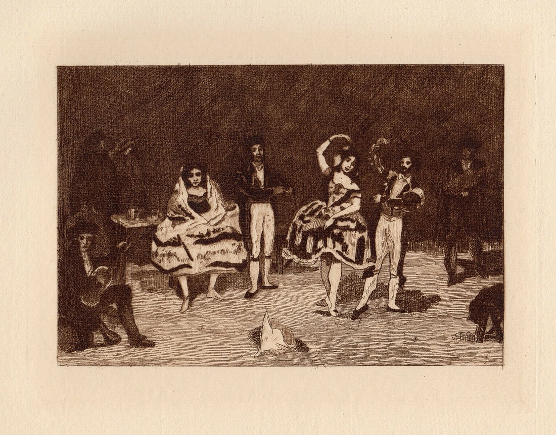 Edouard Manet 1892 Etching Spanish Ballet: Edouard Manet (1832 - 1883). Danseurs Espagnols (The Spanish Ballet). Hand Pulled Copper plate etching with drypoint, printed in Bistre ink, on cream laid paper after the original by Auguste Marie Lau