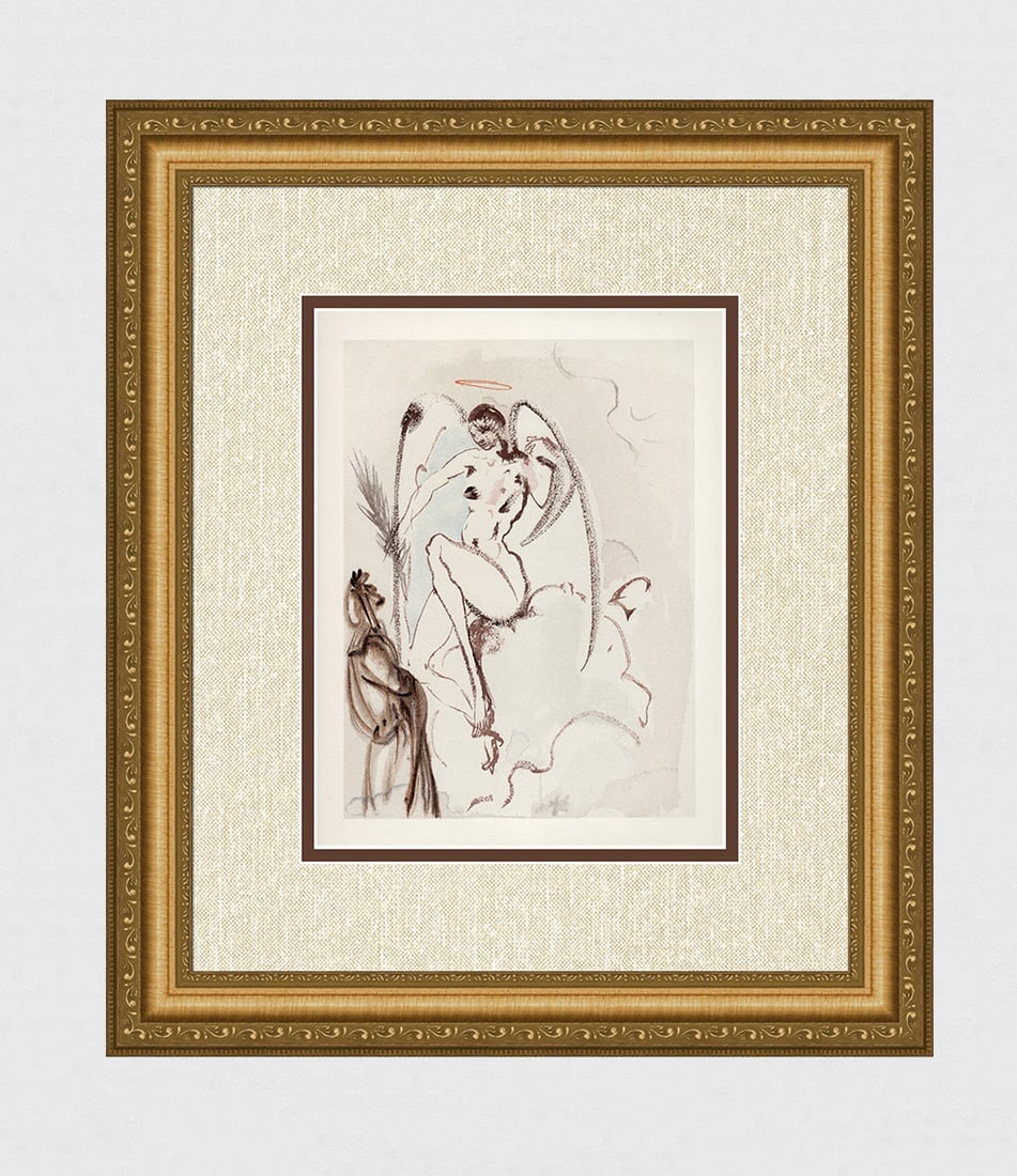 1960 Salvador Dali Archangel Gabriel Woodcut: Salvador Dali. (1904-1989). "The Archangel Gabriel" Paradise Canto 31. Authentic Original Color Woodcut from The Divine Comedy Printed in 1960 on B.F.K. Rives Paper ( this is not a reproduction, copy,