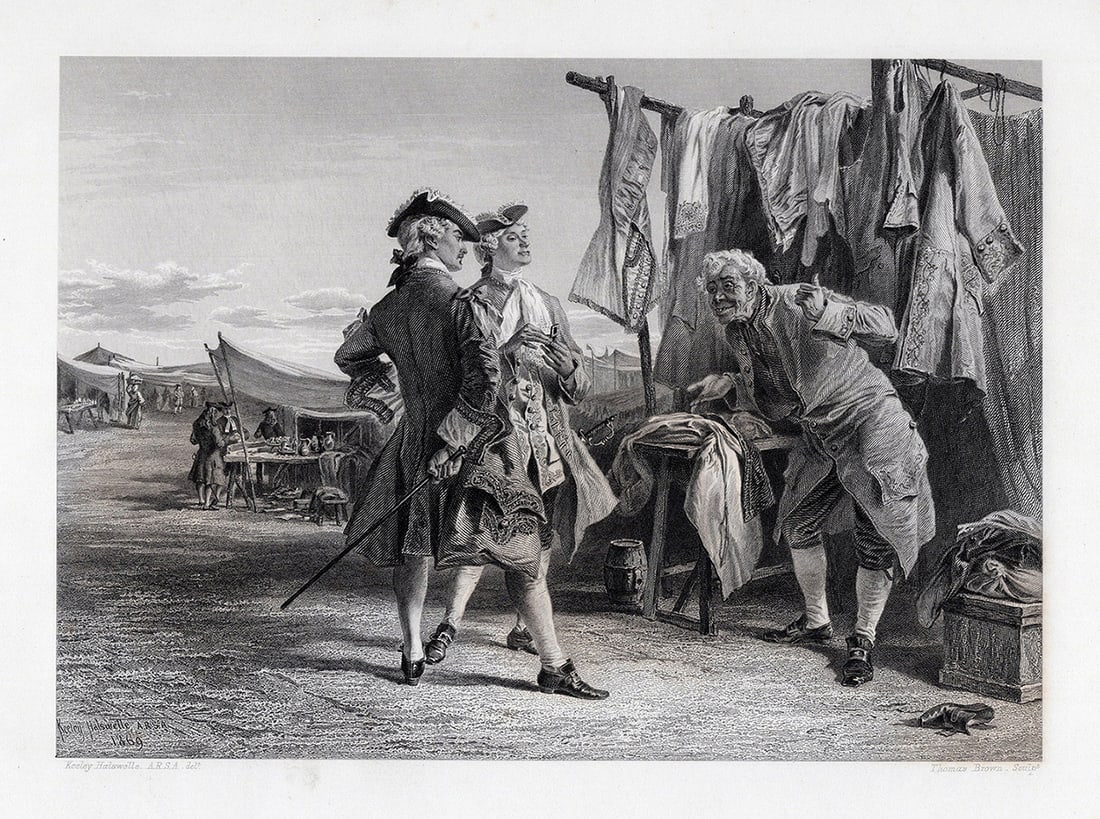 KEELEY HALSWELLE 1800s Engraving Altercation of the Peddler & Cleveland Framed: Keeley Halswelle (English, 1831-1891). The Altercation between the Peddler and Cleveland at the Fair of Kirkwall. Antique engraving on wove paper after the original by master engraver Thomas Brown (Br