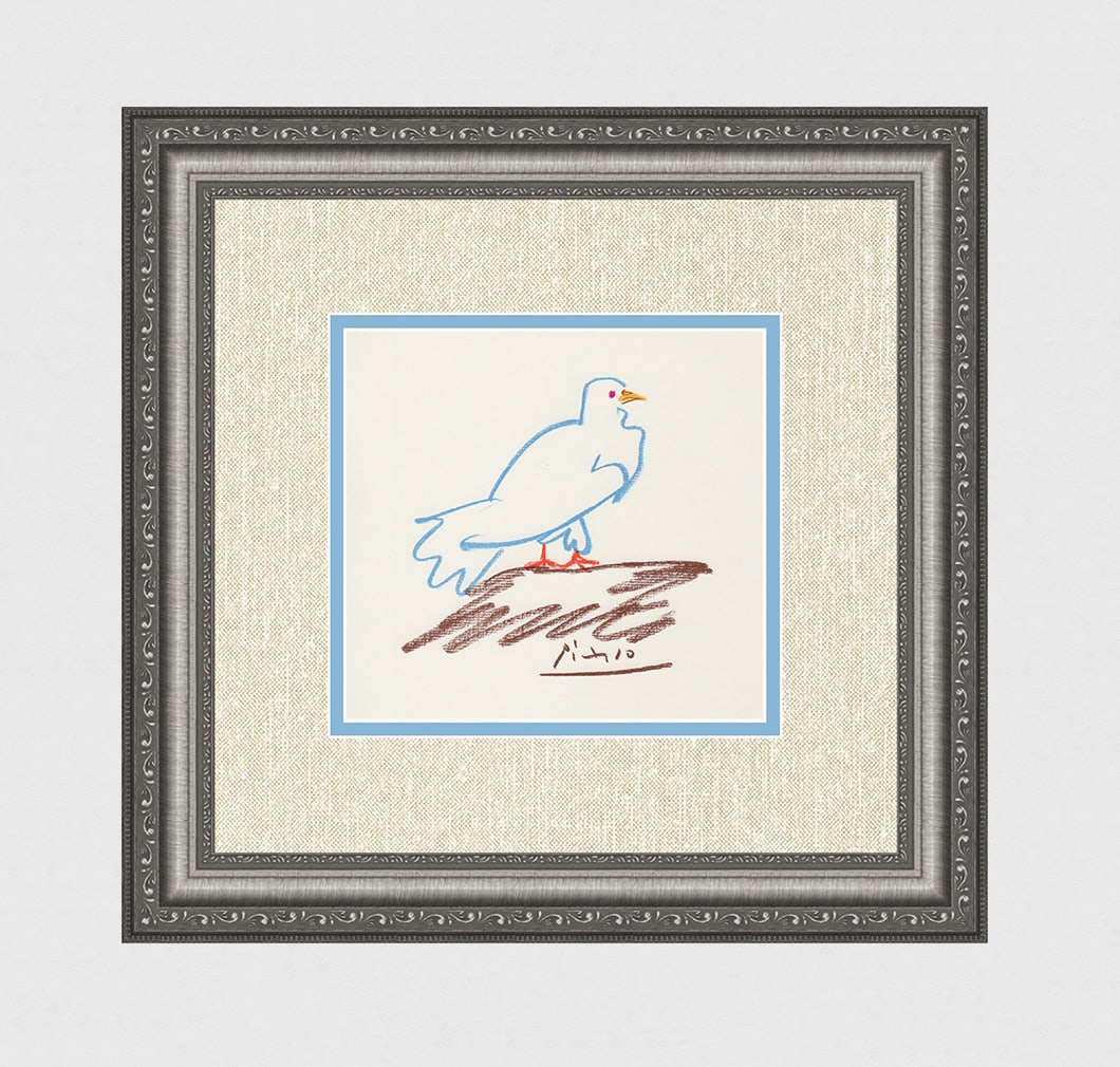 1968 Pablo Picasso Color Lithograph "The Dove" Signed Gallery Framed: Pablo Picasso (1881 - 1973). Dove. 1968 Color lithograph after the pastel on Wove paper. Signed in the Plate. Verlag Ullstein GmbH. Image size 7 1/2 x 8 inches. Framed dimensions approximately 16 x 16