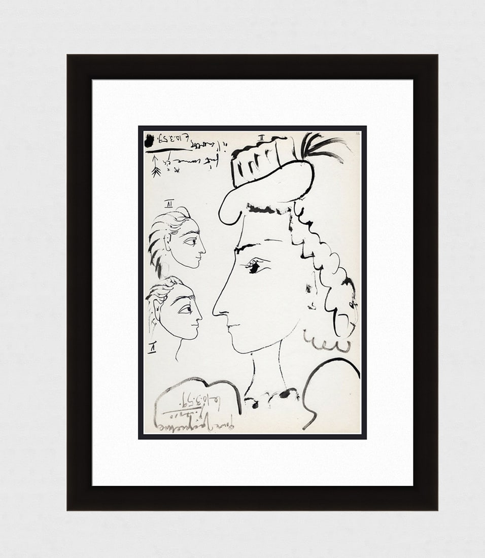 PABLO PICASSO 1961 Vintage Lithograph The Jacqueline Study FRAMED: Pablo Picasso (1881 - 1973). The Jacqueline Study (El estudio de Jacqueline). Black and white offset lithograph, on Arches paper, after the original sketch. Atelier Mourlot. Year: 1961. Signature/Date