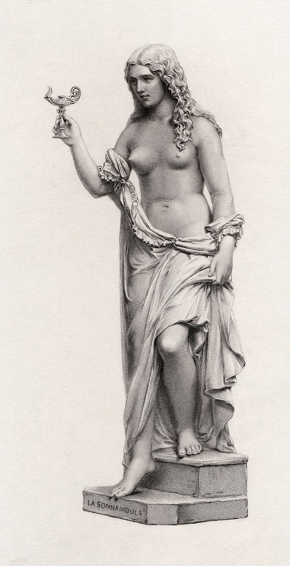 1800s Giovanni Giuseppe Fontana Engraving The Sleepwalker FRAMED: Giovanni Giuseppe Fontana (British, 1821-1893). La Sonnambula. Antique engraving on wove after the original sculpture by master engraver Thomas William Hunt (British, 1850-1880 fl.). Year: 1870. Image