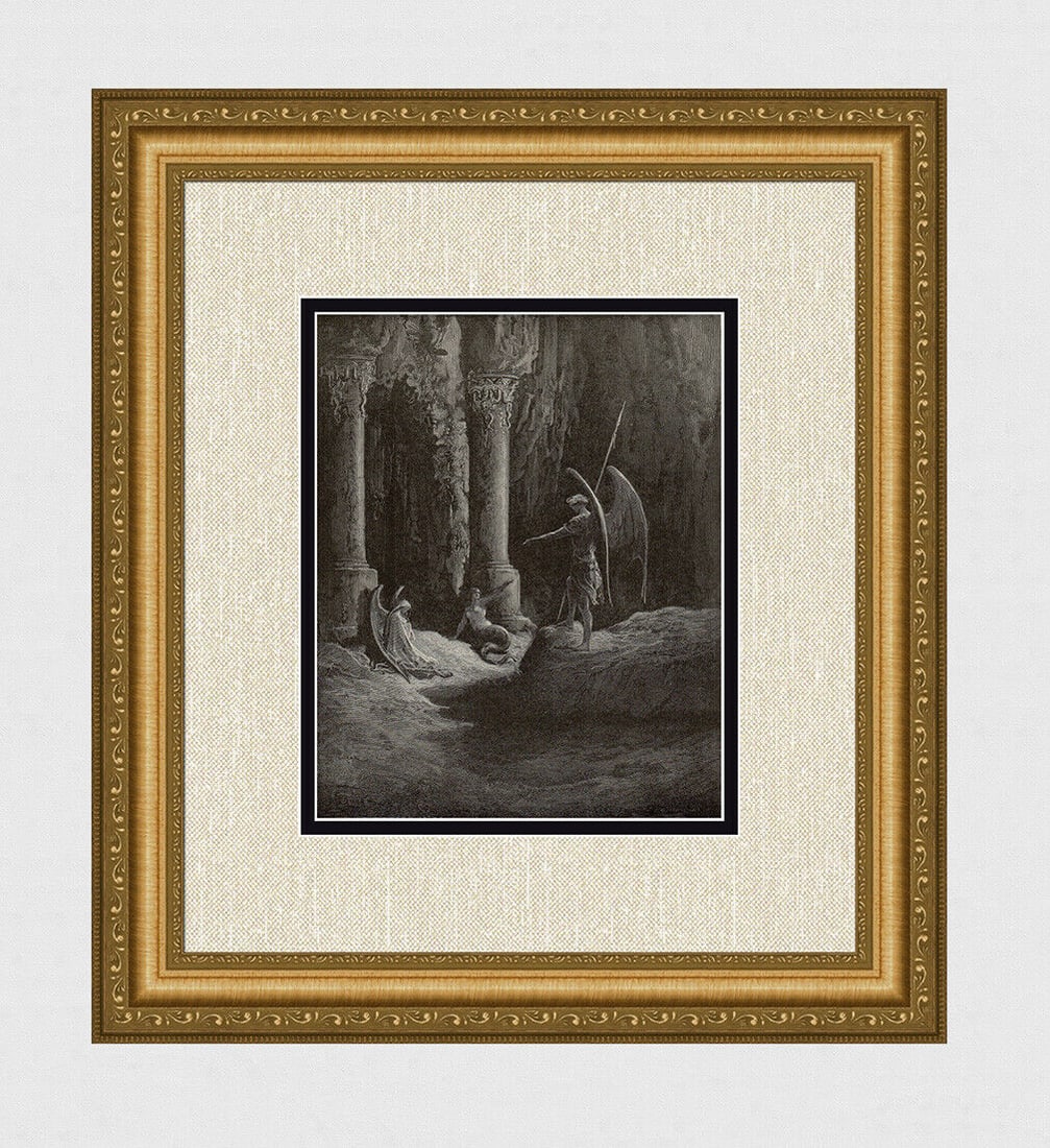 Gustave Dore Satan confronting Sin and Death at the gates of Hell (Milton's Paradise Lost) c. 1880: Gustave Dore. Satan confronting Sin and Death at the gates of Hell (Milton's Paradise Lost). Antique woodcut wove paper after the original by master wood engravers Adolphe Francois Pannemaker (French,