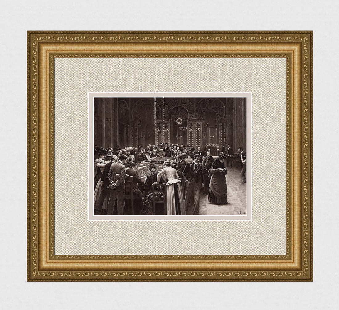 Jean Beraud 1800s Antique Print At Monte Carlo Framed Signed: Jean Beraud (French,1848 - 1935). At Monte Carlo. Antique heliogravure on heavy wove paper after the original. Year: c. 1890. Signed in the plate lower right. Image Size 7 5/8 x 10 1/8 inches. Framed