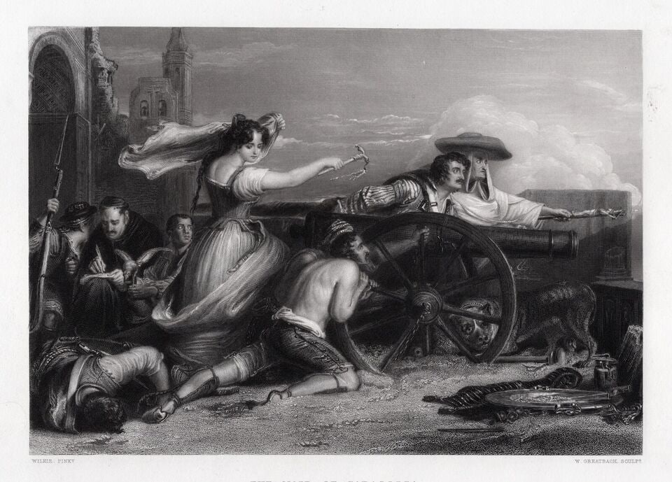 David Wilkie 1800s Engraving The Maid of Saragossa Framed Signed: Sir David Wilkie (Scottish, 1785-1841). The Maid of Saragossa. Antique engraving on wove paper after the by master engraver Samuel Cousins (British, 1801-1887). Year: 1861. Signed in the plate. Image