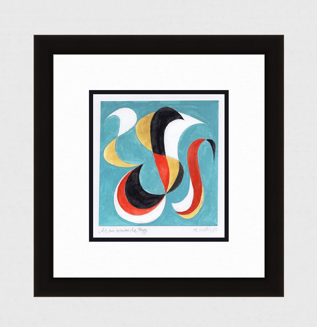 Mathis Original Gouache Like an oriental Flag Framed Swiss: Josef Johann Mathis (Joe Mathis, 1913 - 2002; Swiss). Like an oriental Flag (Wie eine orientalische Flagge). Original Mixed Media Gouache on paper. Year: 1995. Hand signed and dated in pencil, lower