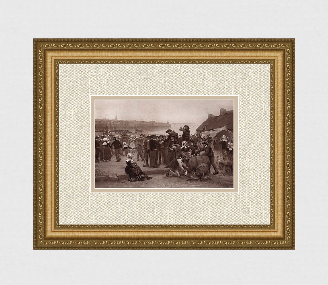 Theophile Deyrolle 1800s Antique Print A Marriage in Brittany FRAMED Signed: Theophile-Louis Deyrolle (French, 1844 - 1923). The Pardon in Brittany (Le pardon en Bretagne). Antique heliogravure on heavy wove paper after the original oil on canvas by a Master Engraver. Year:
