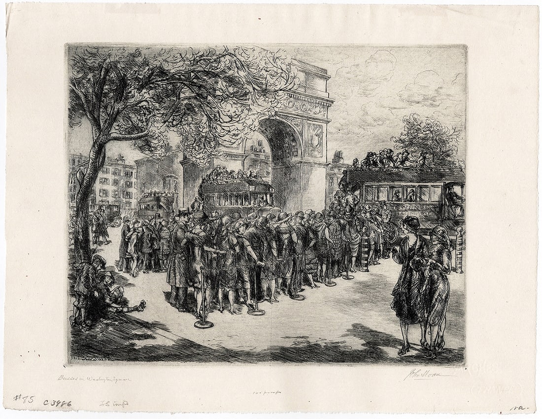 John Sloan Original Etching Busses in Washington Square Signed Numbered: John Sloan (1871-1951). Busses in Washington Square. Etching and aquatint on wove paper. Year: 1925. Signed in pencil lower right, titled lower center. From the edition of 100 (Morse notes that 55 wer